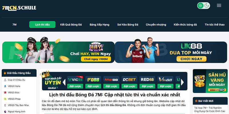 Lịch thi đấu 7 Lịch thi đấu Bóng Đá 7M